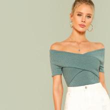 Shein Wrap Design Bardot Ribbed Top