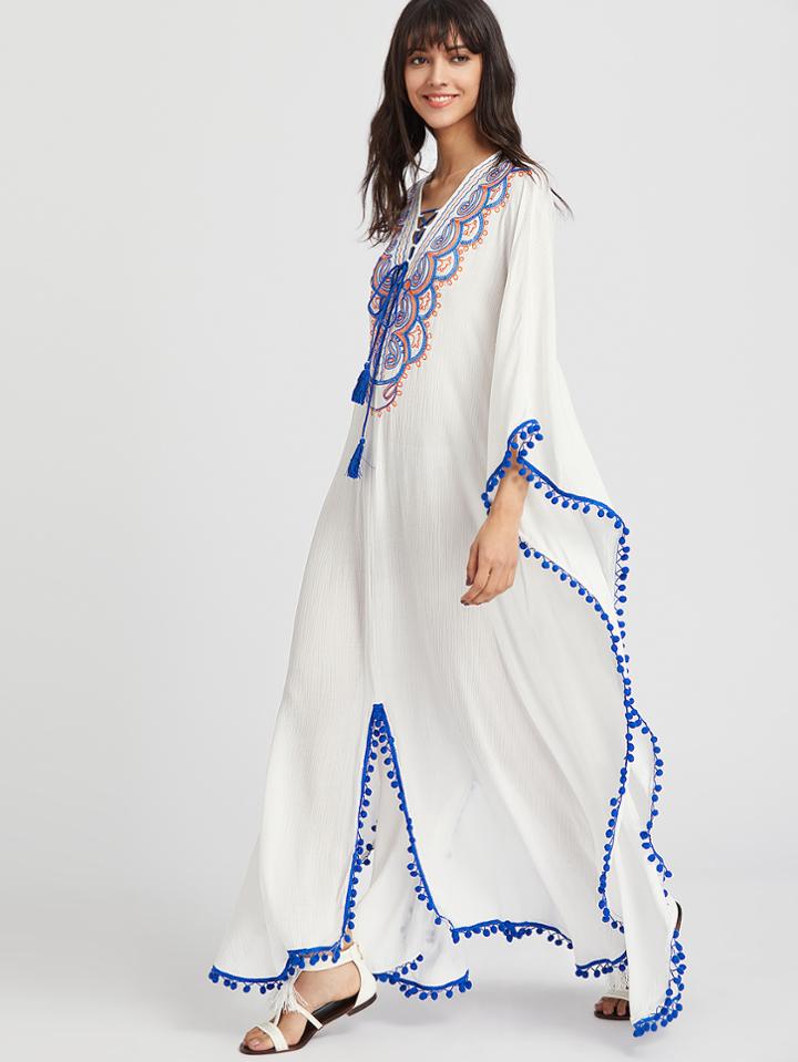 Shein Pom Pom Trim Lace Up Cutout Back Embroidered Poncho Dress