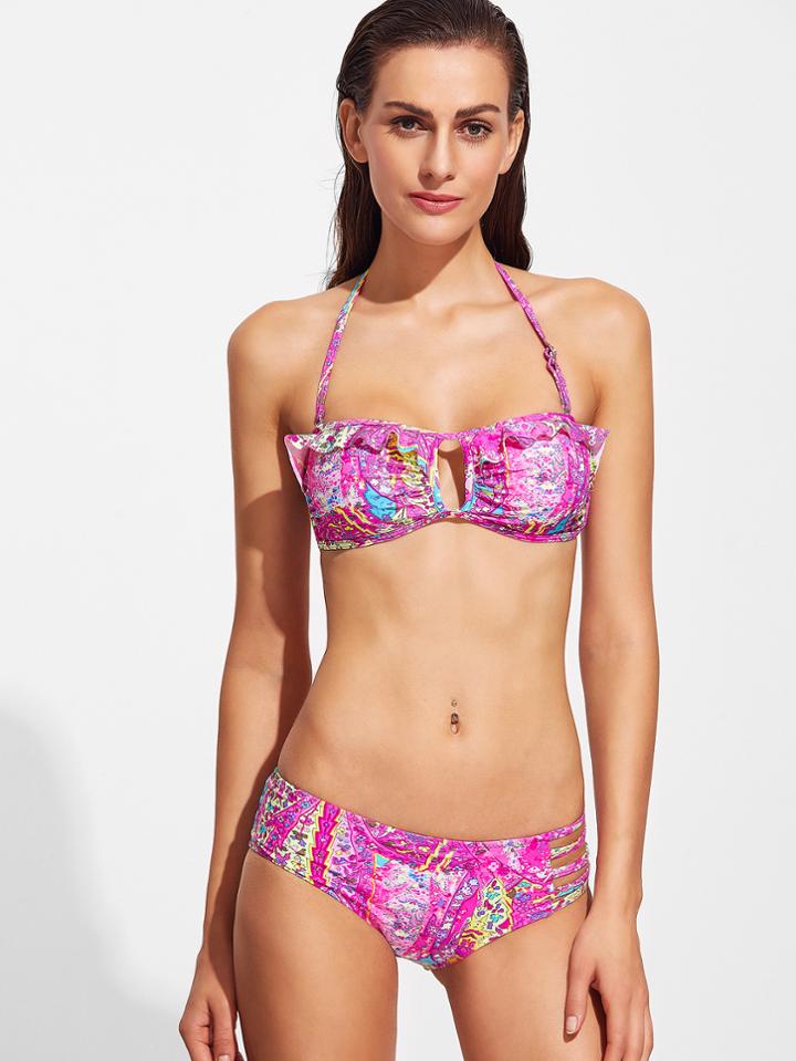 Shein Hot Pink Printed Ruffle Detail Ladder Cutout Bikini Set