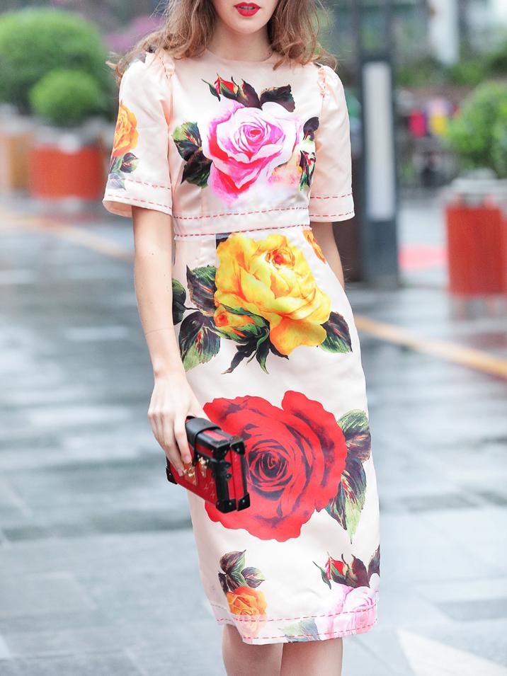 Shein Apricot Rose Print Sheath Dress