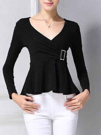 Shein Black V Neck Metal Button Blouse
