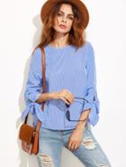 Shein Blue Pinstripe Tie Sleeve High Low Blouse