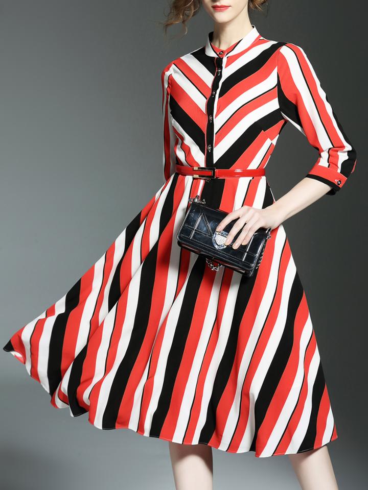 Shein Color Block Belted Striped Dress