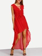 Shein Red Lace Up Ruffle Layers Chiffon Dress
