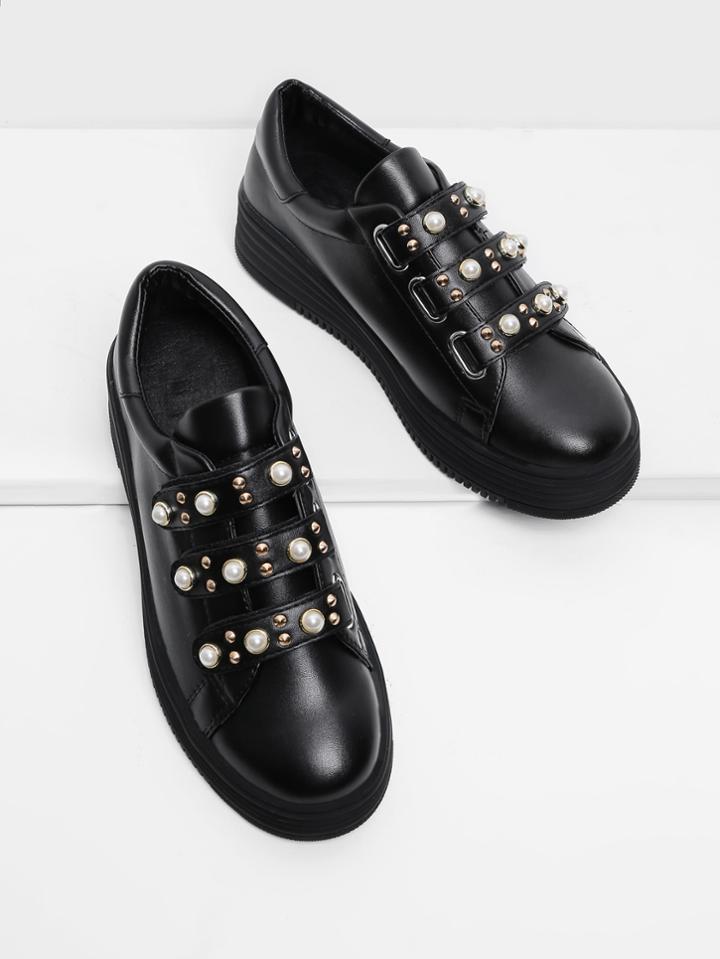 Shein Faux Pearl Velcro Pu Sneakers