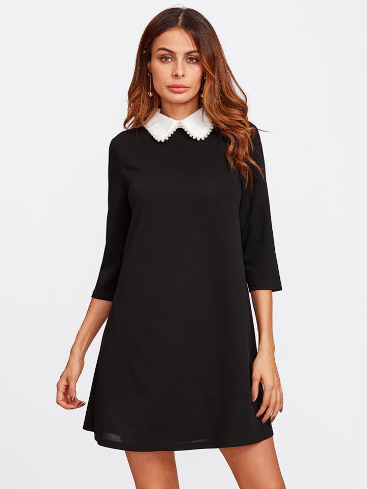 Shein Pearl Beaded Contrast Collar Keyhole Back Dress