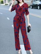 Shein Burgundy V Neck Ruffle Tie-waist Print Jumpsuit