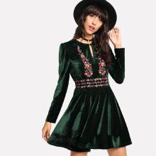 Shein Keyhole Front Floral Embroidery Velvet Dress