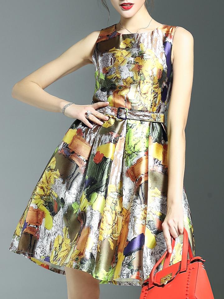 Shein Iridescent Print Pockets Belted A-line Dress