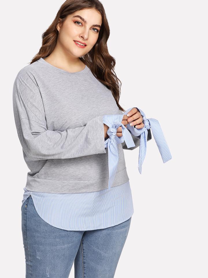 Shein Contrast Striped Cuff And Hem Heathered Pullover