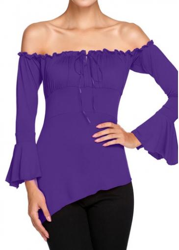 Rosewe Purple Flare Sleeve Off The Shoulder Blouse