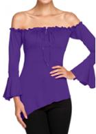 Rosewe Purple Flare Sleeve Off The Shoulder Blouse