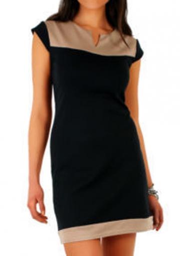Rosewe Cap Sleeve Khaki And Black Sheath Dress