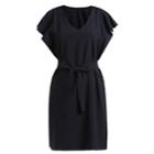 Shein Black V Neck Ruffle Sleeve Self-tie Dress