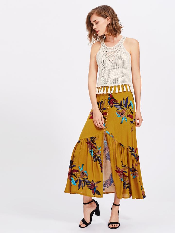 Shein Leaf Print Button Front Frill Hem Skirt
