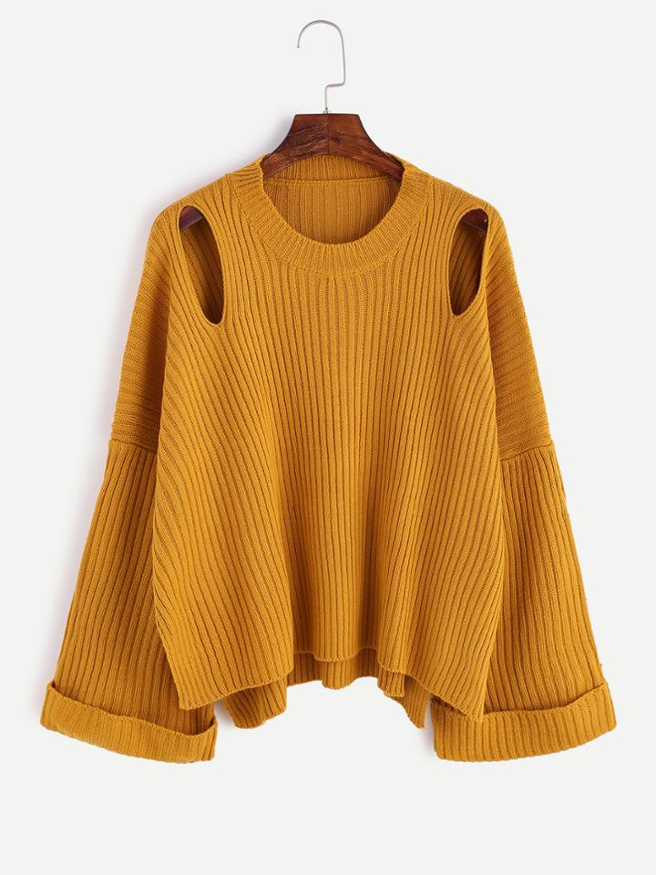 Shein Yellow Cut Out Slit Side Cuffed Sweater