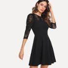 Shein Lace Yoke Puff Sleeve Fit & Flare Dress