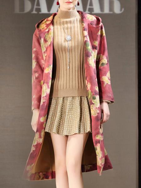 Shein Flowers Print Pockets Hooded Coat