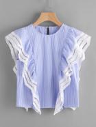 Shein Lace Trim Ruffle Cap Sleeve Pinstripe Top