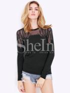Shein Black Long Sleeve Contrast Mesh T-shirt