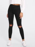 Shein Knee Cutout Embroidered Mesh Insert Leggings