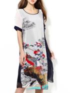 Shein White Color Block Vintage Print Dress