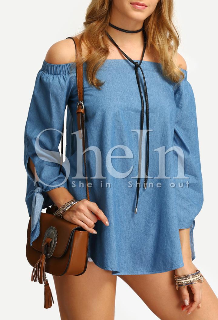 Shein Blue Denim Off The Shoulder Tie Cuff Blouse