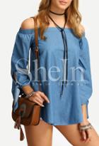 Shein Blue Denim Off The Shoulder Tie Cuff Blouse