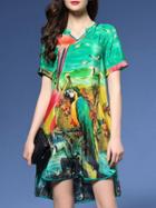 Shein Multicolor V Neck Birds Print High Low Dress