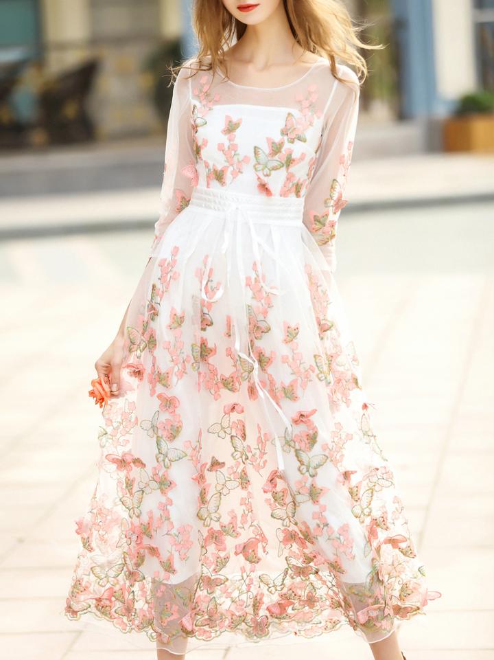 Shein Orange Butterfly Applique Gauze Long Dress