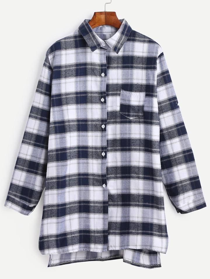 Shein Plaid Dip Hem Shirt With Pocket