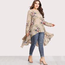 Shein Plus Botanical Print Dip Hem Blouse