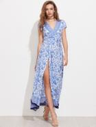 Shein Ornate Print V-neckline Self Tie Split Dress