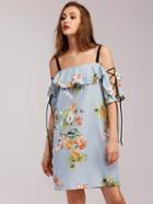 Shein Florals Flounce Layered Lace Up Sleeve Dress