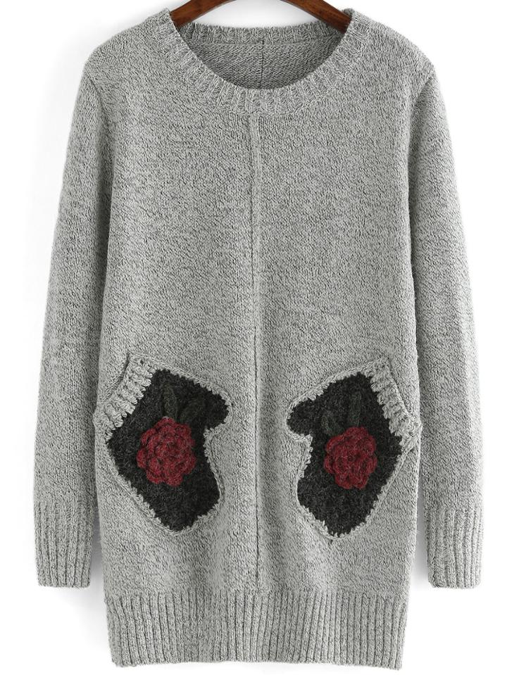 Shein Grey Round Neck Gloves Patterned Sweater