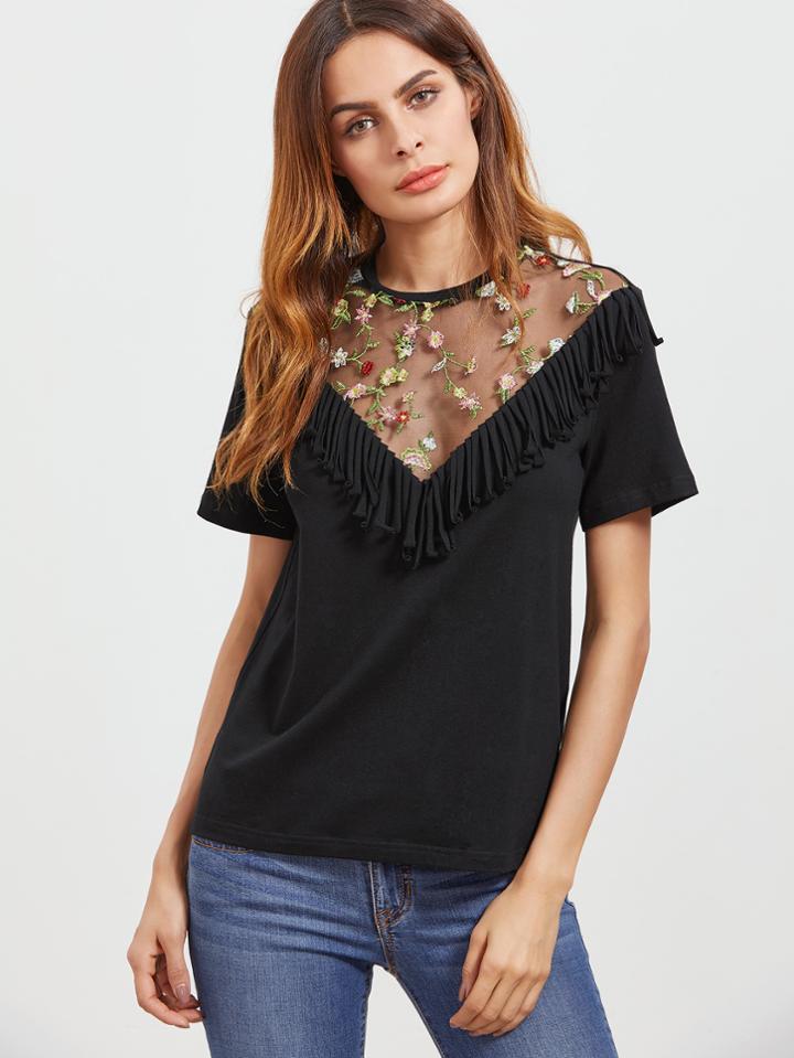 Shein Black Fringe Trim  Embroidered Mesh V Neck T-shirt