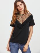 Shein Black Fringe Trim  Embroidered Mesh V Neck T-shirt