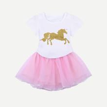 Shein Girls Horse Print Tee With Mesh Skirt