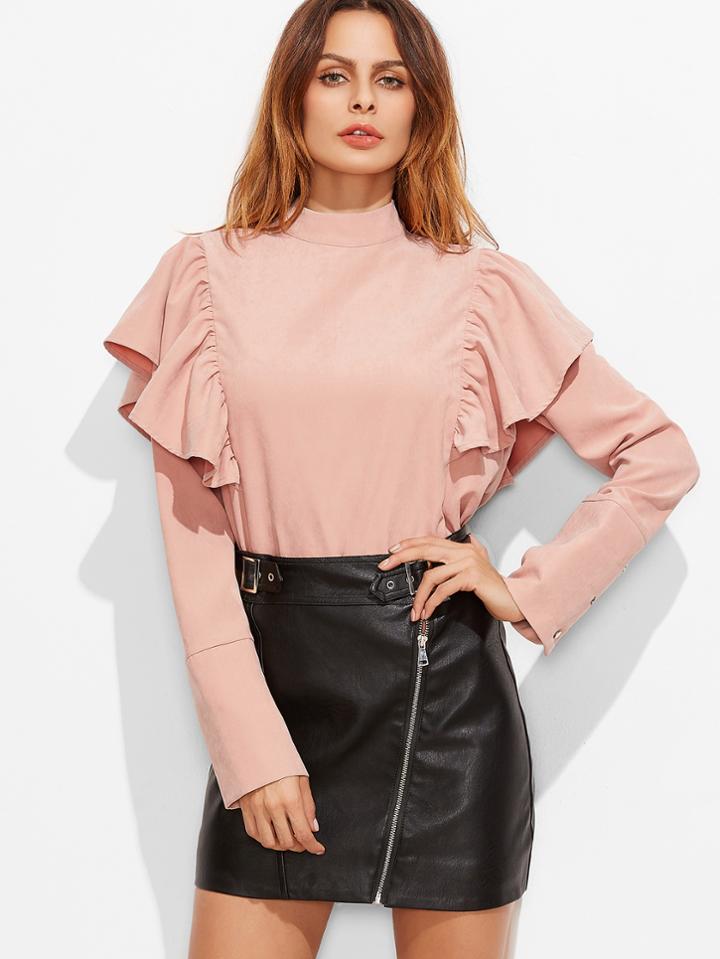 Shein Pink Mock Neck Buttoned Cuff Ruffle Blouse