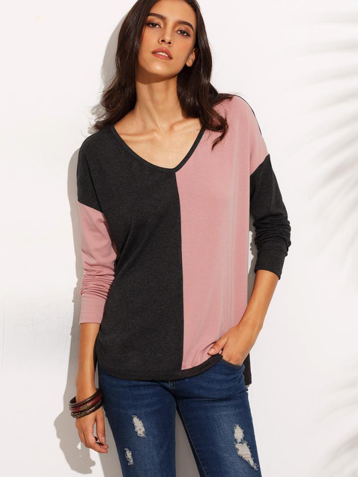 Shein Color Block Drop Shoulder High Low T-shirt