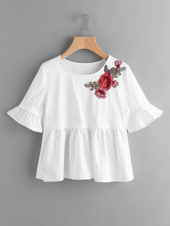Shein Embroidered Rose Patch Fluted Sleeve Mixed Media T-shirt