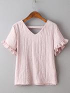 Shein Pink Petal Sleeve V-back Blouse