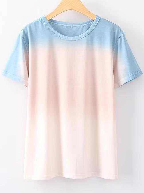 Shein Multicolor Round Neck Short Sleeve Ombre T-shirt