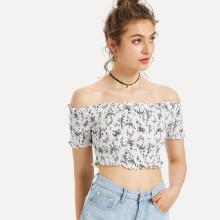 Shein Off Shoulder Shirred Ditsy Top