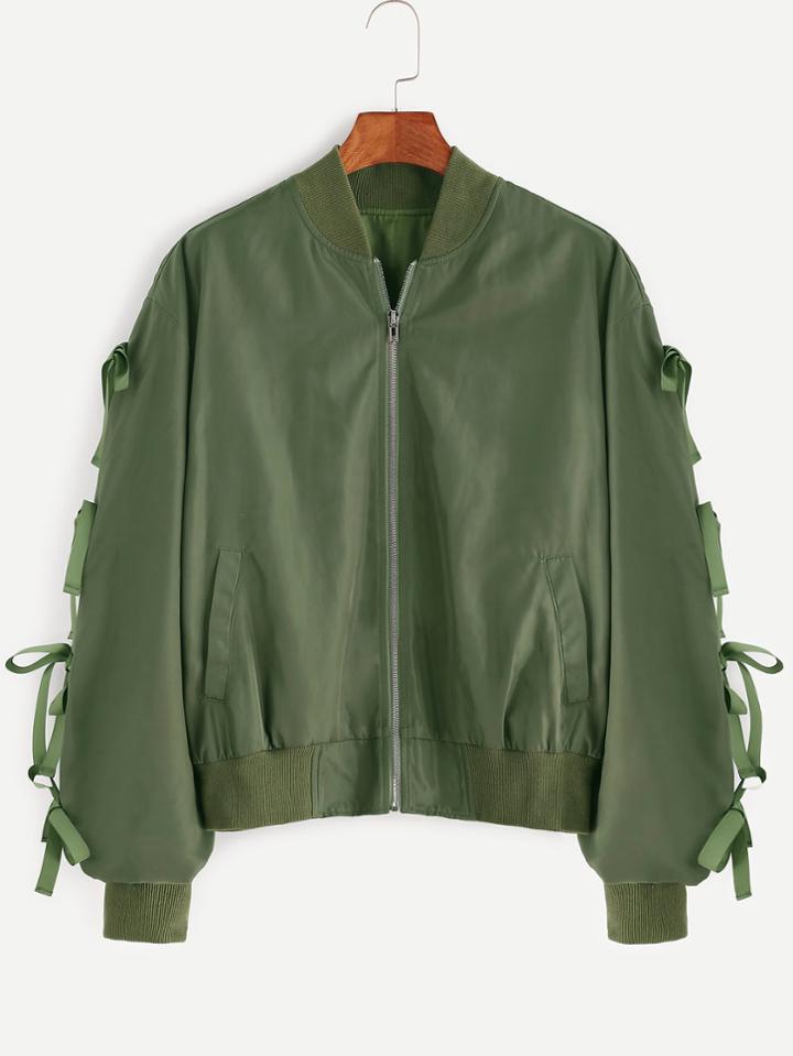 Shein Bow Embellished Shirred Sleeve Bomber Jacket