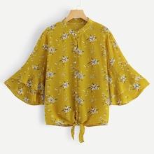Shein Plus Knot Front Floral Print Blouse