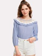 Shein Organza Insert Ruffle Trim Vertical Striped Blouse