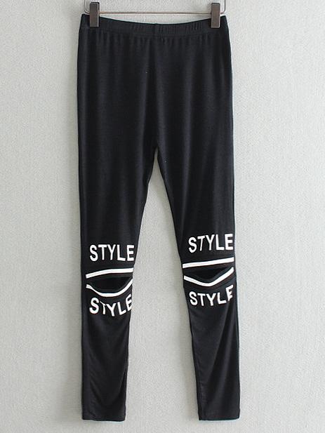 Shein Black Elastic Waist Letters Print Hole Leggings