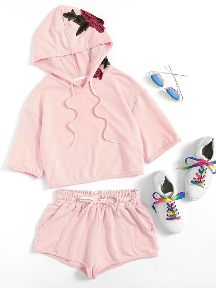 Shein 3d Flower Applique Hoodie & Shorts Set