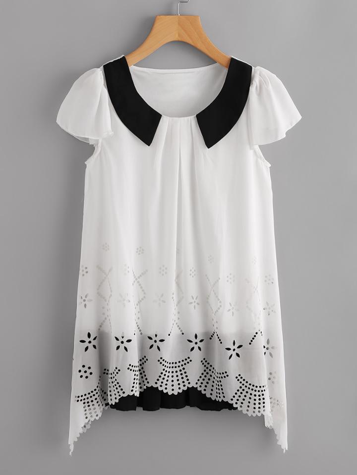 Shein Contrast Panel Puff Sleeve Laser Cut Layered Blouse